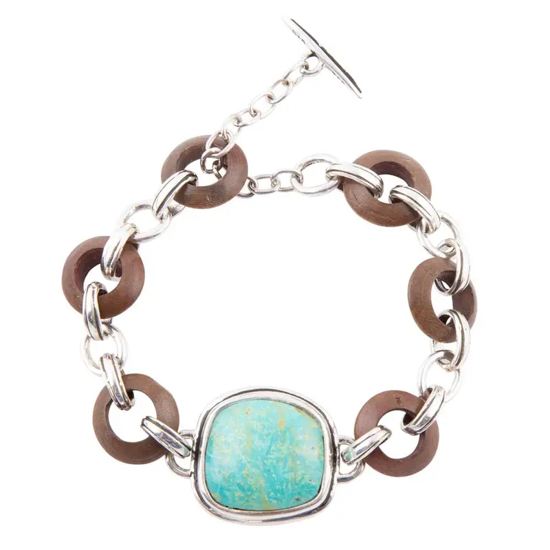 Turquoise And Wood Toggle Bracelet In Sterling Silver 1