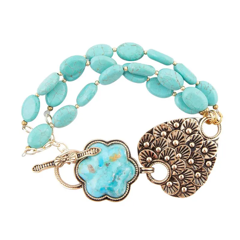 Turquoise Floral Cuff Bracelet With Gold-Tone Hardware 1