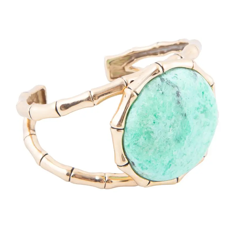 Vibrant Green Chrysoprase Bamboo Cuff Bracelet With Gold Accents 1