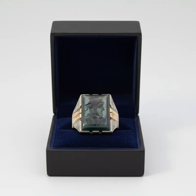 Vintage-Style 10K Tri-Color Gold Roman Soldier Intaglio Ring With Hematite Inlay 1