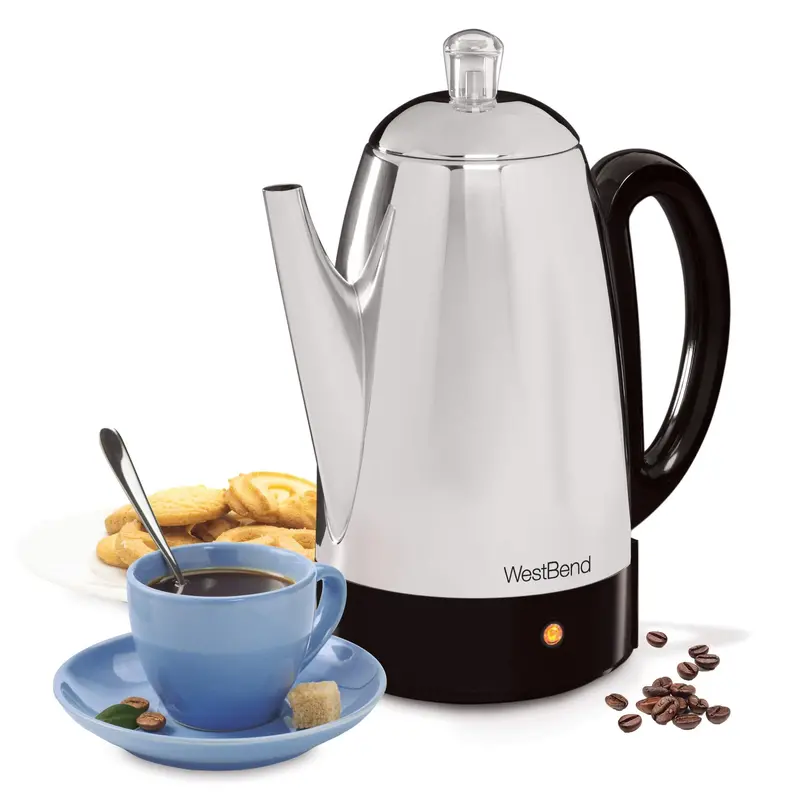 West Bend 54159 Stainless Steel Percolator – 12-Cup, Detachable Cord, Heat-Resistant Handle 1