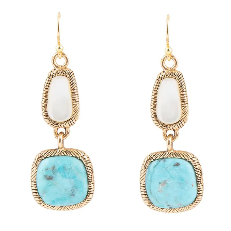White Mother-Of-Pearl And Blue Turquoise Drop Earrings With Gold Tone 1