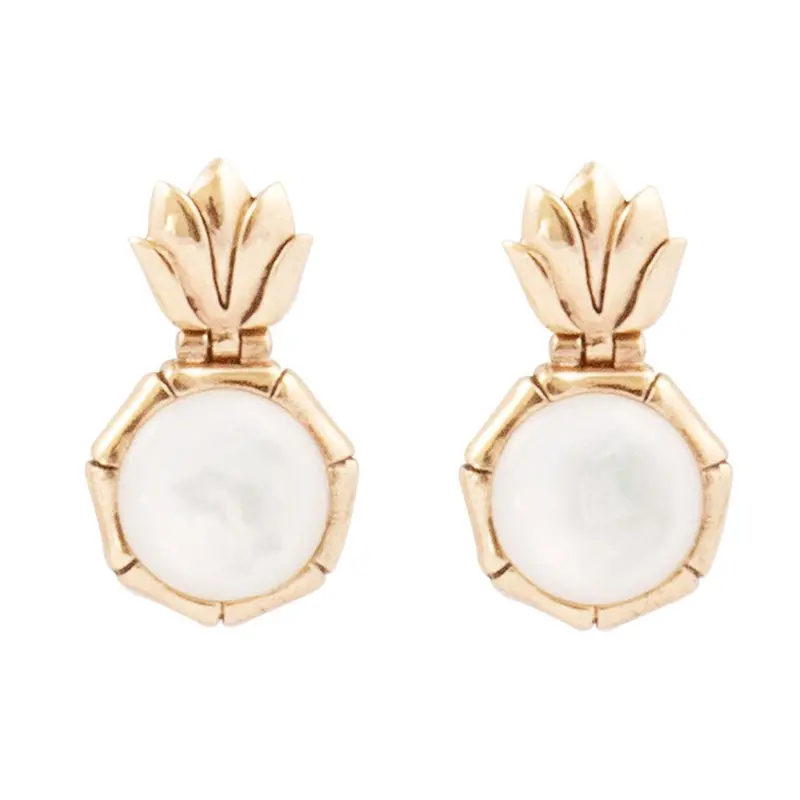 White Mother-Of-Pearl Lotus Gold Drop Earrings 1