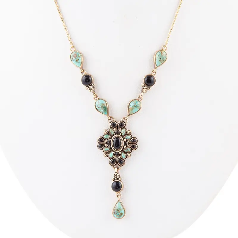 Y-Style Necklace Combining Black Onyx And Blue Turquoise With Gold Tone 1