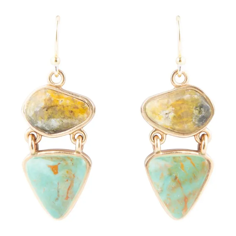 Yellow Bumblebee Jasper And Green Turquoise Hinged Drop Earrings 1