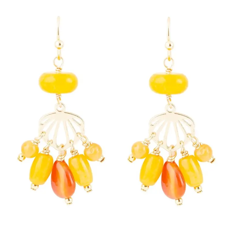 Yellow Carnelian And Jade Drop Earrings In Gold Tone 1