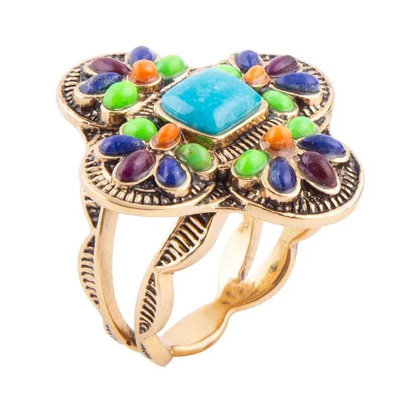 Zion Blue Turquoise Cross Ring With Gold Finish 1