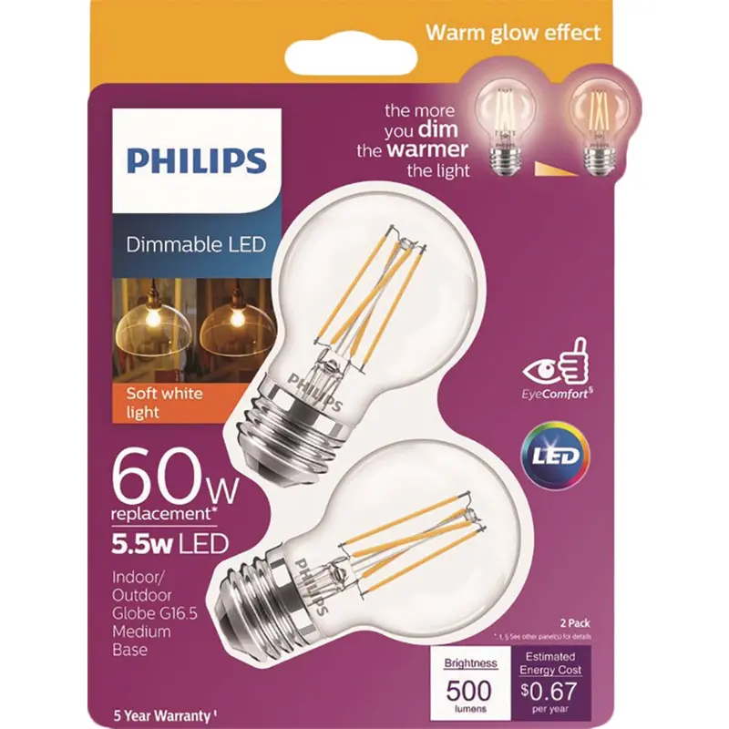 Philips Warm Glow Led Decorative Bulbs – 60W Equivalent G16.5, Dimmable, 2-Pack 1
