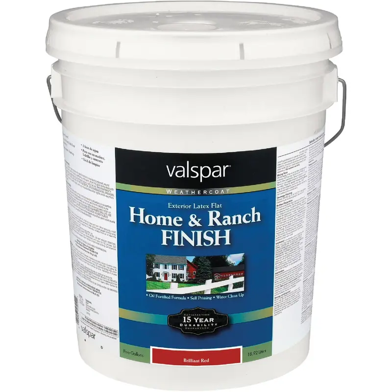 Valspar Exterior Flat Latex Paint – Self-Priming, Brilliant Red, 5-Gallon Pail 1